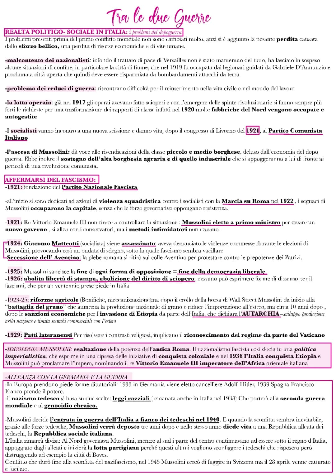 Riassunto delle Due Guerre Mondiali e del Fascismo in Italia