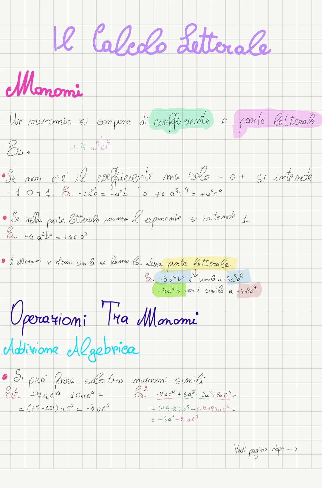 Algebra Monomi
Un monamio si compone
+4 0²65
Il Calcolo Letterale
Es.
•Se non c'è il coefficiente
10+1 Es. - 1a²b = -a²b
• 2 Mono
Se mello
E