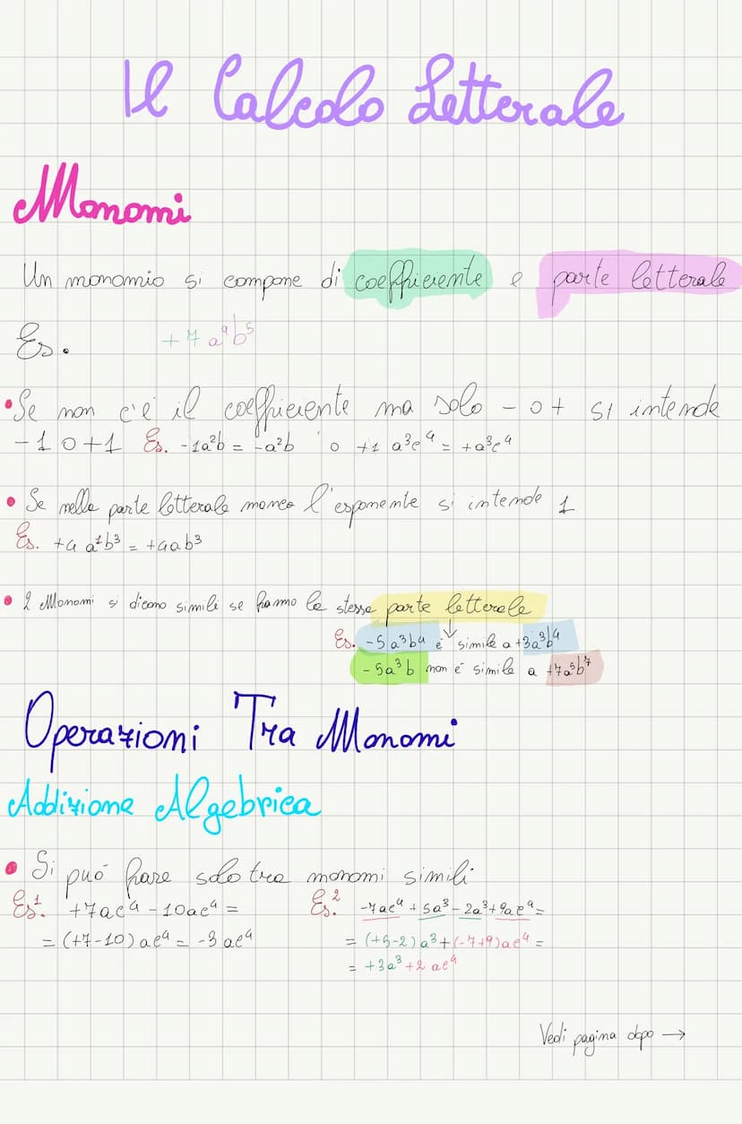 Algebra Monomi
Un monamio si compone
+4 0²65
Il Calcolo Letterale
Es.
•Se non c'è il coefficiente
10+1 Es. - 1a²b = -a²b
• 2 Mono
Se mello
E