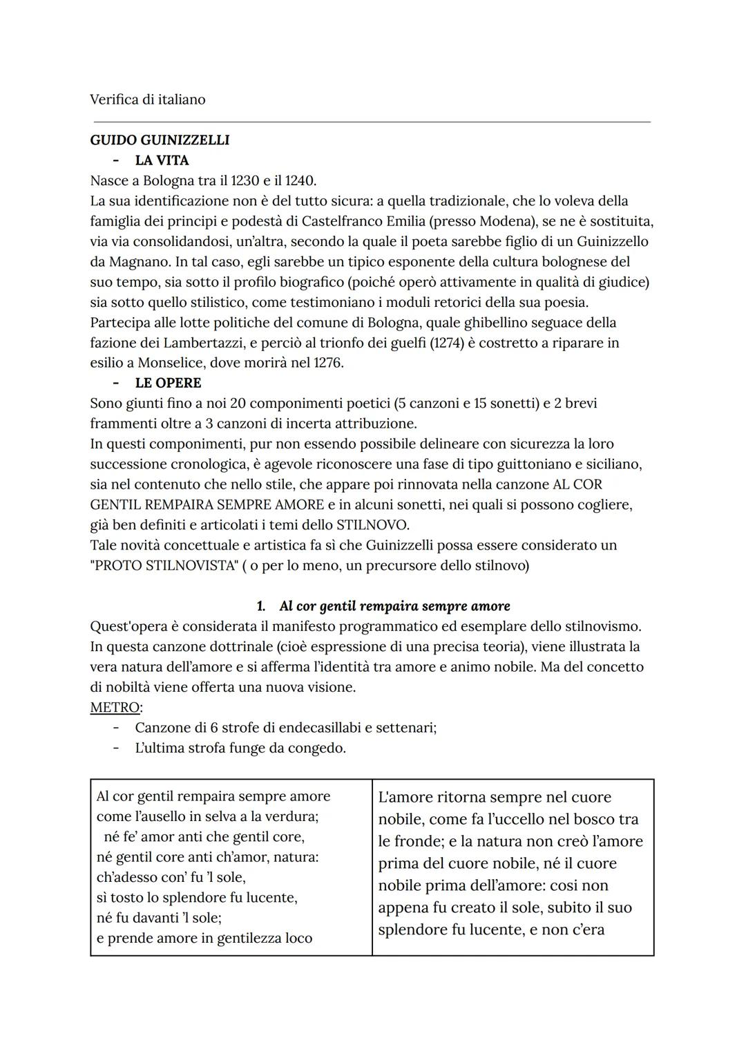Verifica di italiano
GUIDO GUINIZZELLI
LA VITA
Nasce a Bologna tra il 1230 e il 1240.
La sua identificazione non è del tutto sicura: a quell