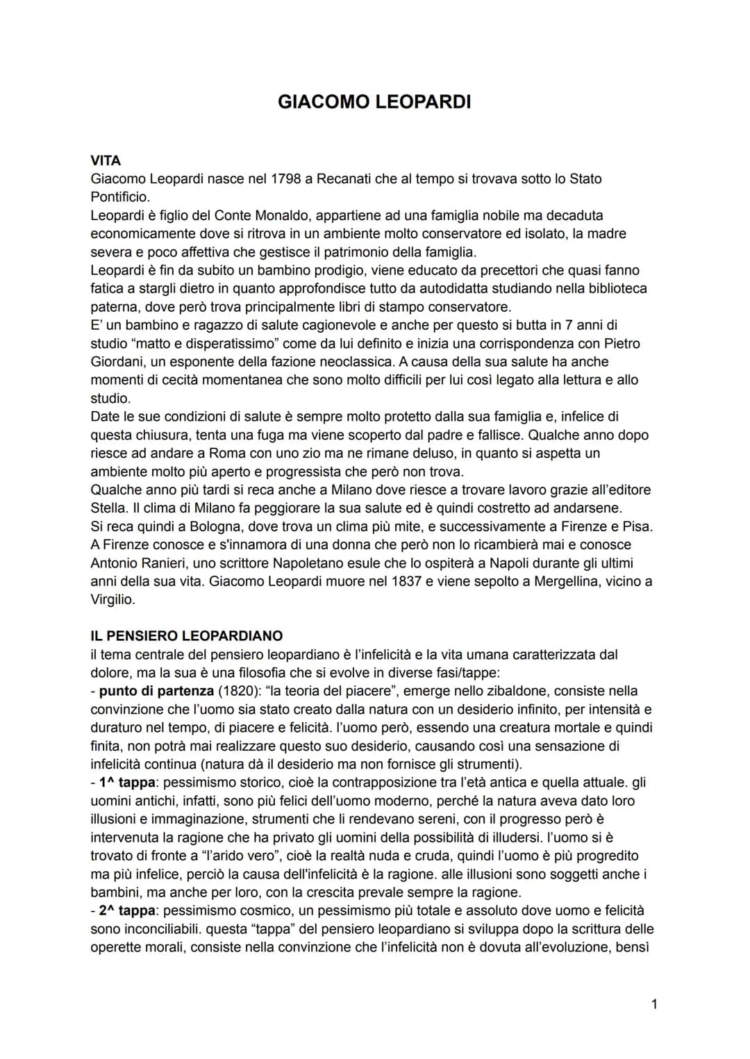 
<h2 id="vita">Vita</h2>
<p>Giacomo Leopardi nasce nel 1798 a Recanati, che all'epoca si trovava sotto lo Stato Pontificio. Figlio del Conte