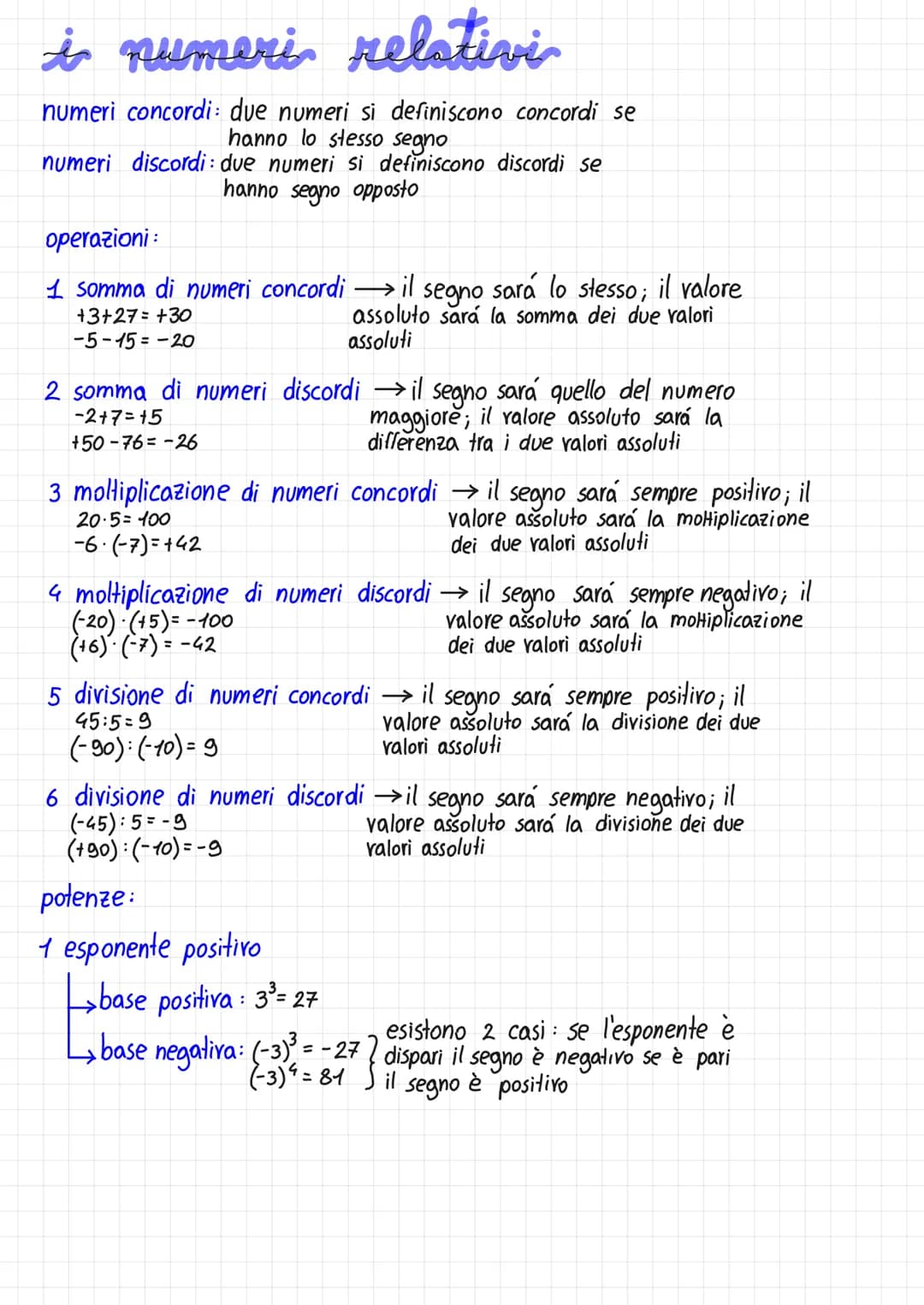 i numeri relativi
numeri concordi: due numeri si definiscono concordi se
hanno lo stesso segno
numeri discordi: due numeri si definiscono di