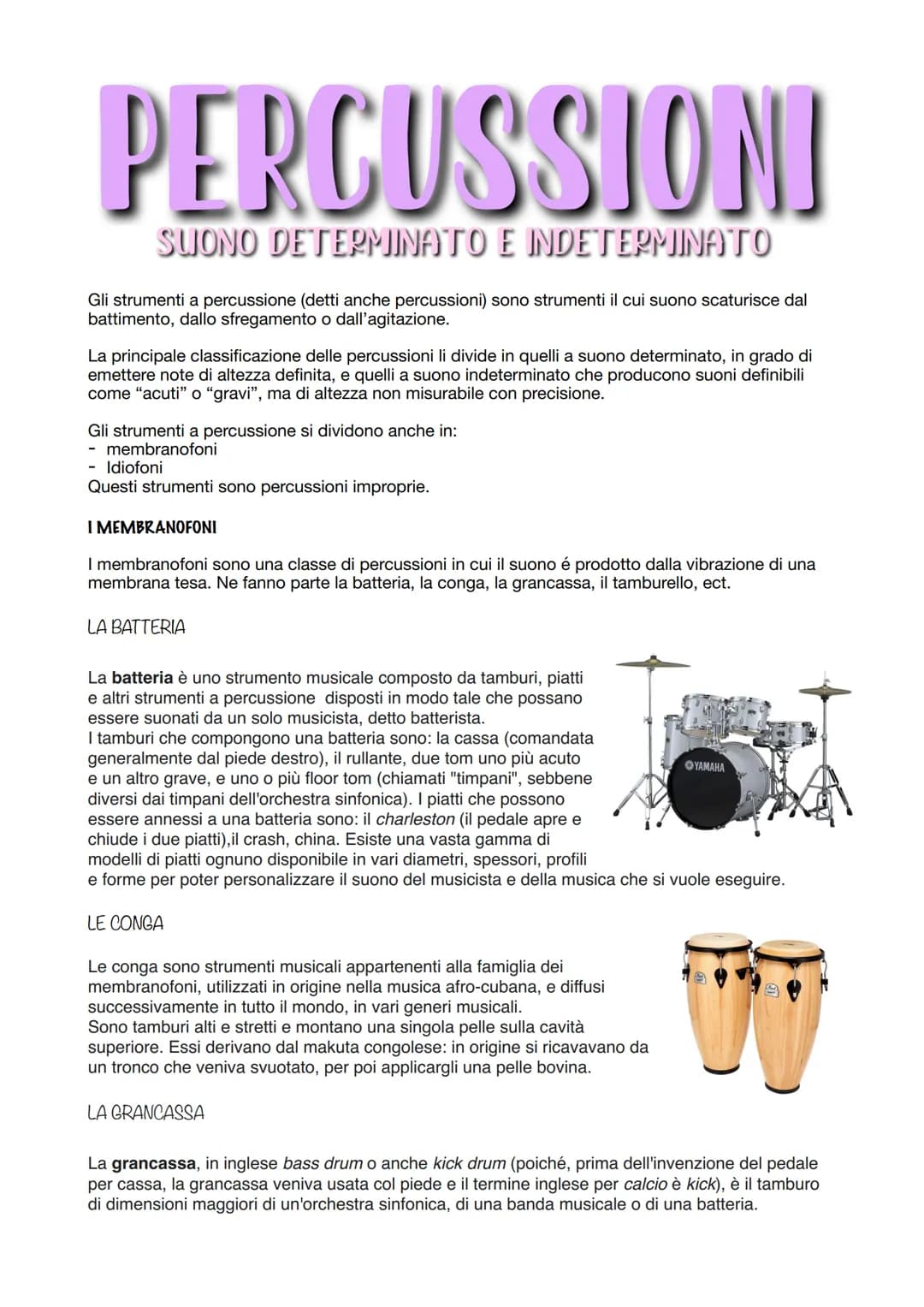 PERCUSSIONI
SUONO DETERMINATO E INDETERMINATO
Gli strumenti a percussione (detti anche percussioni) sono strumenti il cui suono scaturisce d