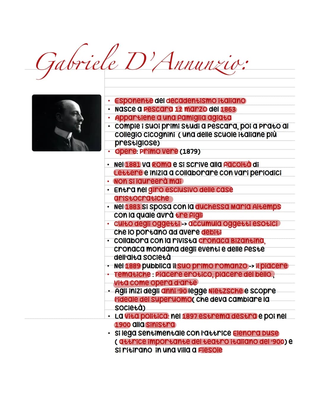Gabriele D'Annunzio:
Esponente del decadentismo italiano
Nasce a Pescara 12 marzo del 1863
Appartiene a una famiglia agiata
compie i suoi pr