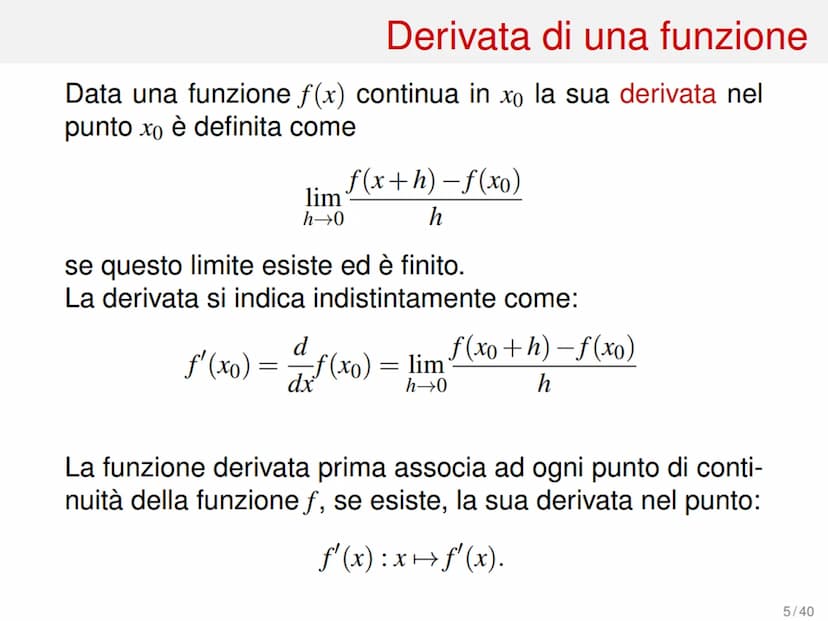 Derivate di funzioni
1/40 Variazione assoluta
Sia data una funzione f(x) e due suoi valori in corrispon-
denza dei punti xo e xo+h, con h > 