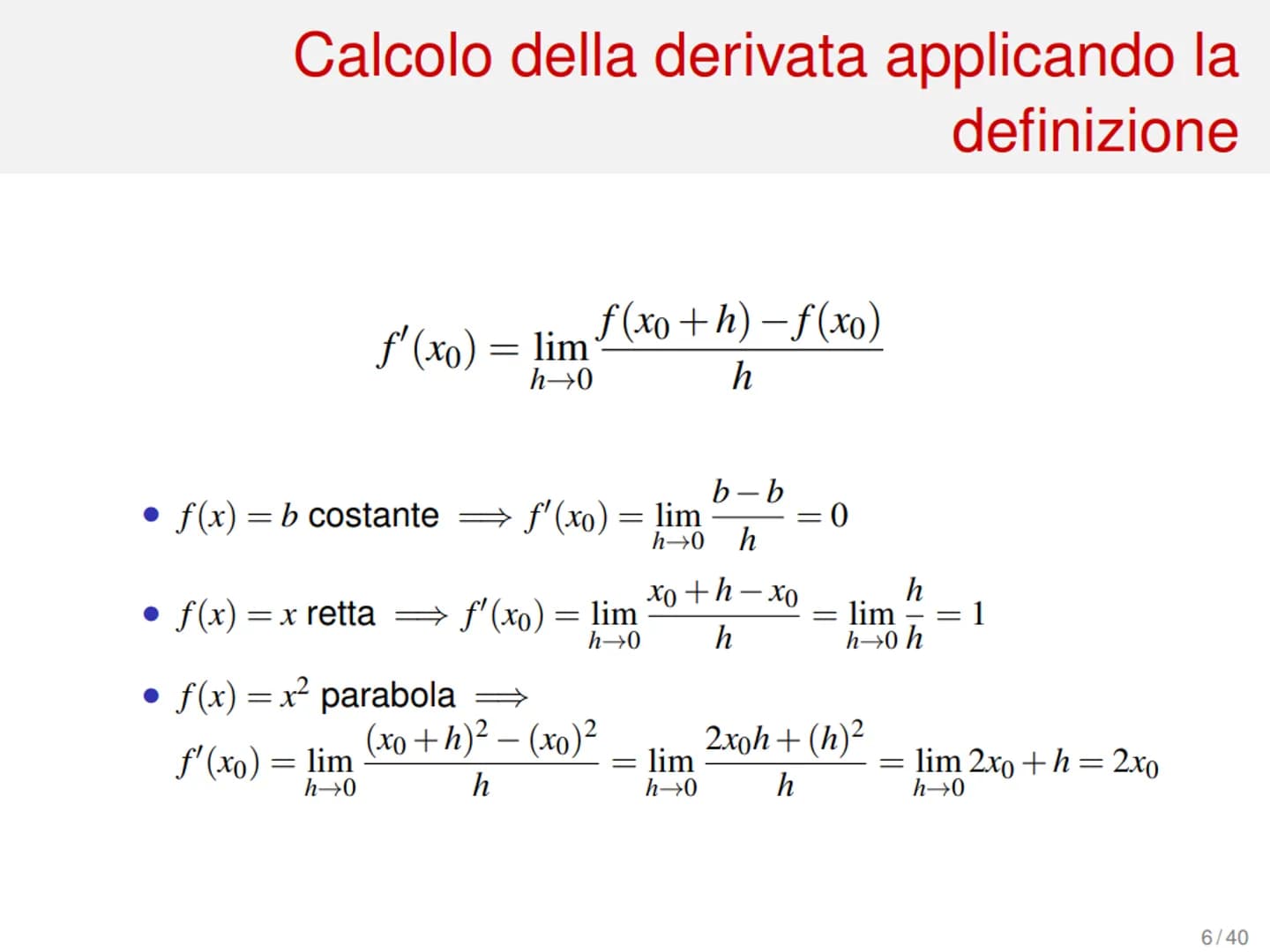 Derivate di funzioni
1/40 Variazione assoluta
Sia data una funzione f(x) e due suoi valori in corrispon-
denza dei punti xo e xo+h, con h > 