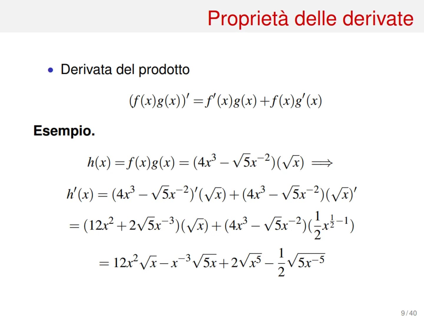 Derivate di funzioni
1/40 Variazione assoluta
Sia data una funzione f(x) e due suoi valori in corrispon-
denza dei punti xo e xo+h, con h > 