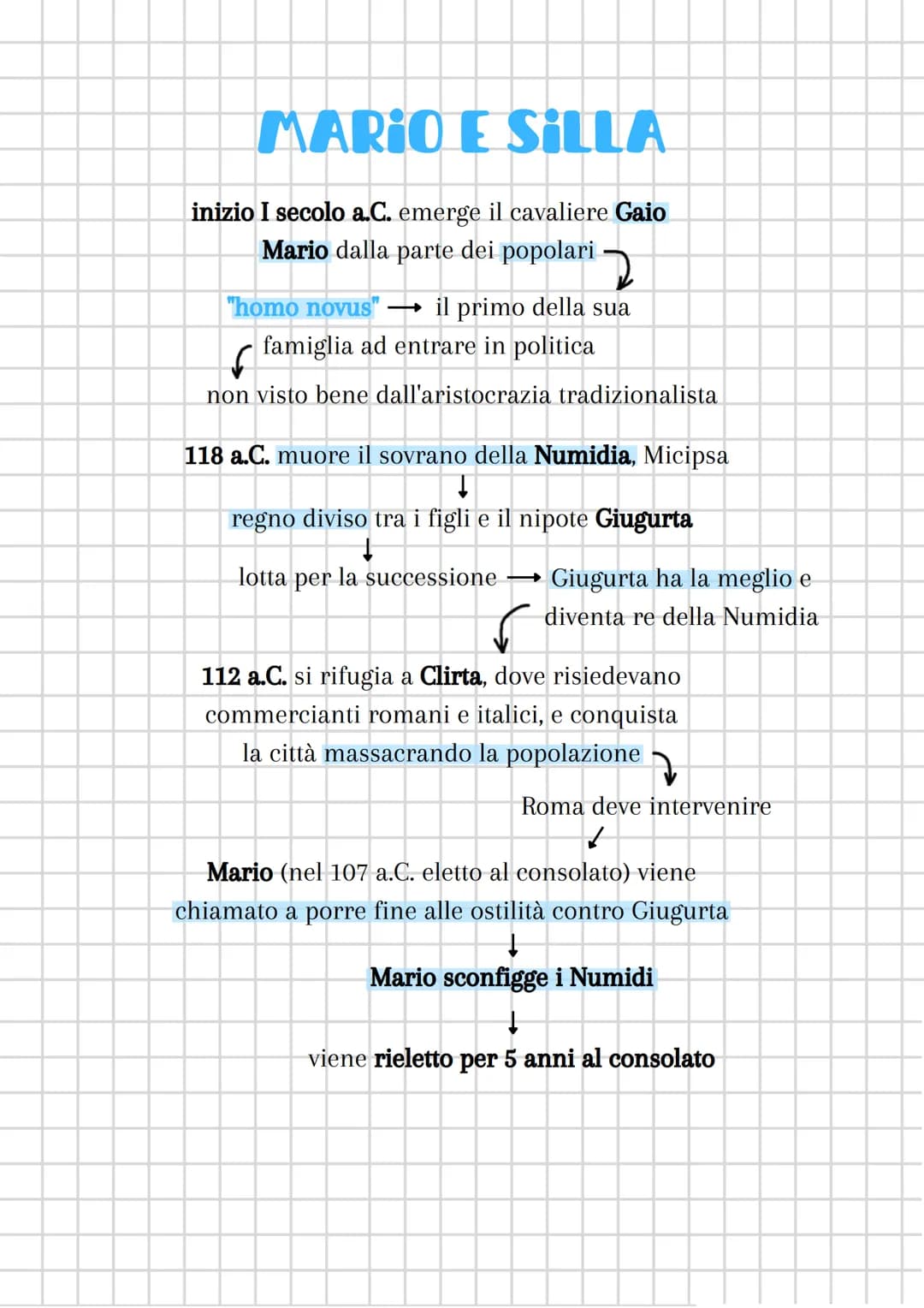 MARIO E SILLA
inizio I secolo a.C. emerge il cavaliere Gaio
Mario dalla parte dei popolari
2
"homo novus" → il primo della sua
famiglia ad e