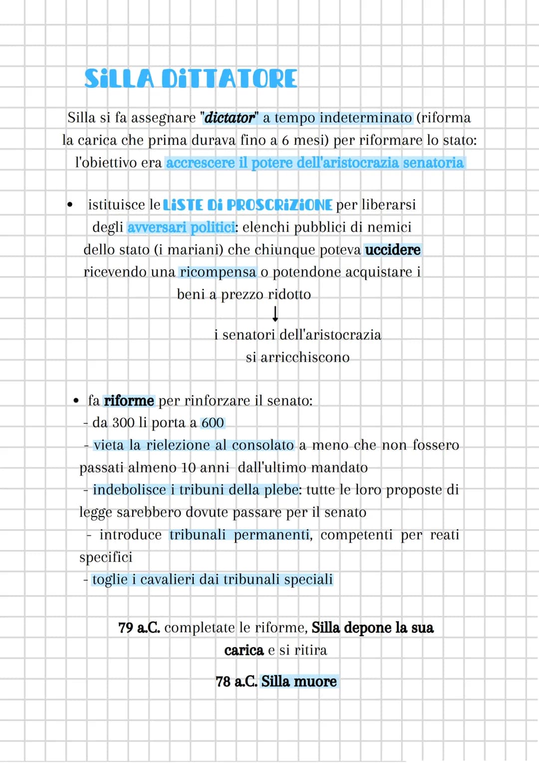 MARIO E SILLA
inizio I secolo a.C. emerge il cavaliere Gaio
Mario dalla parte dei popolari
2
"homo novus" → il primo della sua
famiglia ad e