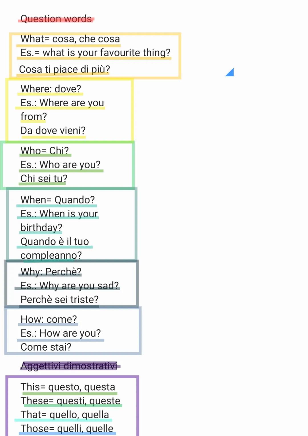 Question words
What= cosa, che cosa
Es.= what is your favourite thing?
Cosa ti piace di più?
Where: dove?
Es.: Where are you
from?
Da dove v