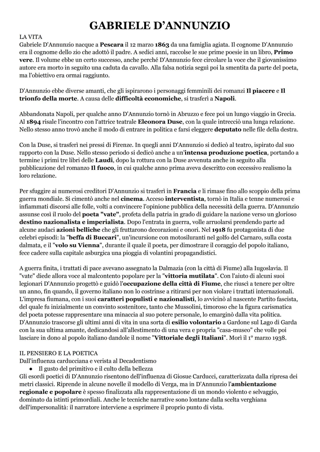 GABRIELE D'ANNUNZIO
LA VITA
Gabriele D'Annunzio nacque a Pescara il 12 marzo 1863 da una famiglia agiata. Il cognome D'Annunzio
era il cogno