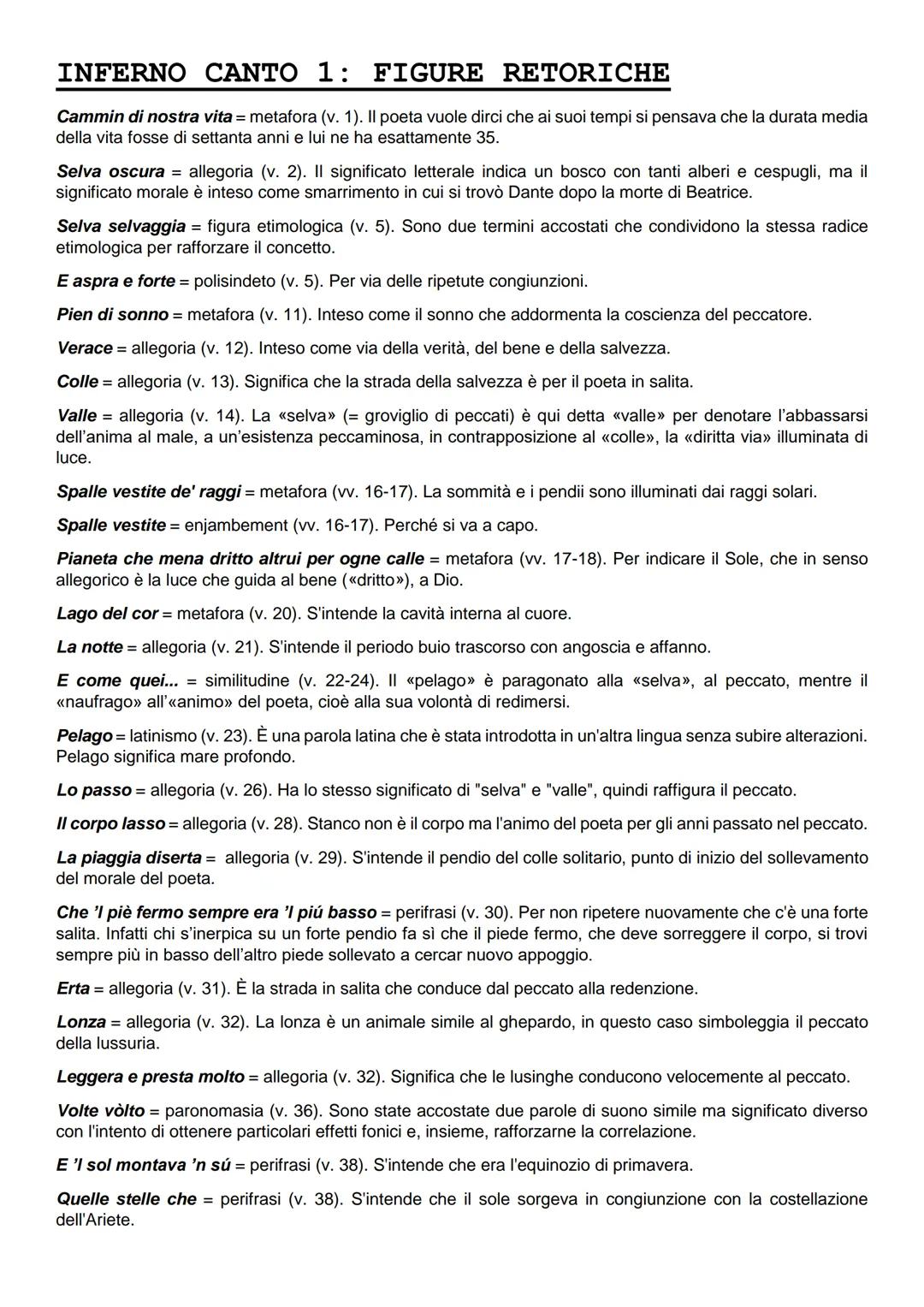 INFERNO CANTO 1: FIGURE RETORICHE
Cammin di nostra vita = metafora (v. 1). Il poeta vuole dirci che ai suoi tempi si pensava che la durata m