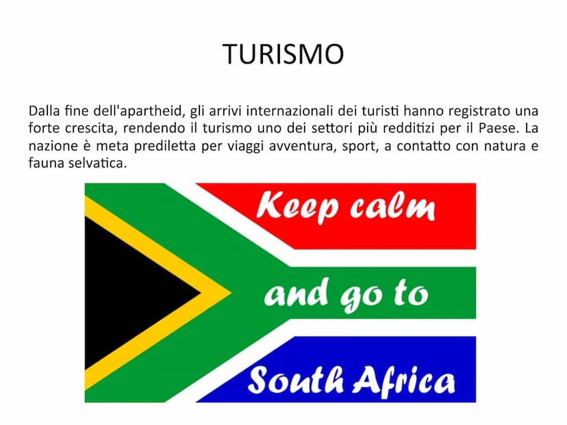 SUDAFRICA
I colori della bandiera sono:
Nero, il colore della maggioranza del
popolo.
Oro, il metallo di cui il Sudafrica è
ricchissimo.
Ver