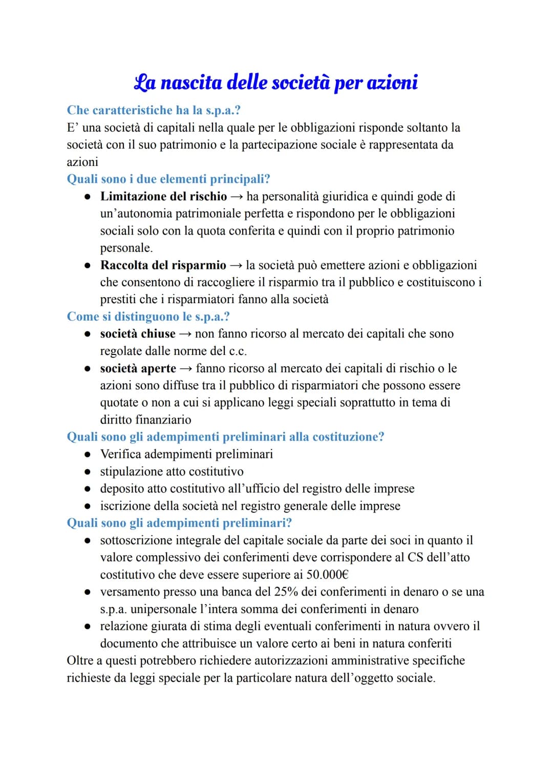 La nascita delle società per azioni
Che caratteristiche ha la s.p.a.?
E' una società di capitali nella quale per le obbligazioni risponde so