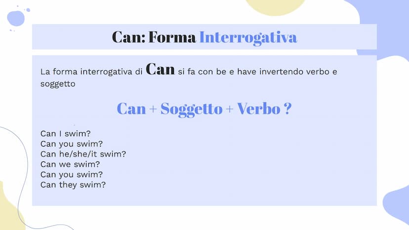 Verbo
Can
Riassunto di Luce Ruffato Can: Forma Affermativa
Can corrisponde al verbo potere ed è uguale per tutte le persone:
Soggetto + Can 