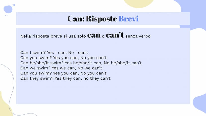 Verbo
Can
Riassunto di Luce Ruffato Can: Forma Affermativa
Can corrisponde al verbo potere ed è uguale per tutte le persone:
Soggetto + Can 