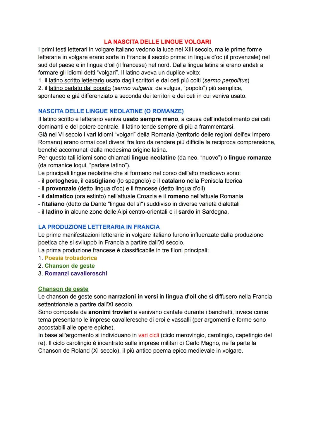 LA NASCITA DELLE LINGUE VOLGARI
I primi testi letterari in volgare italiano vedono la luce nel XIII secolo, ma le prime forme
letterarie in 