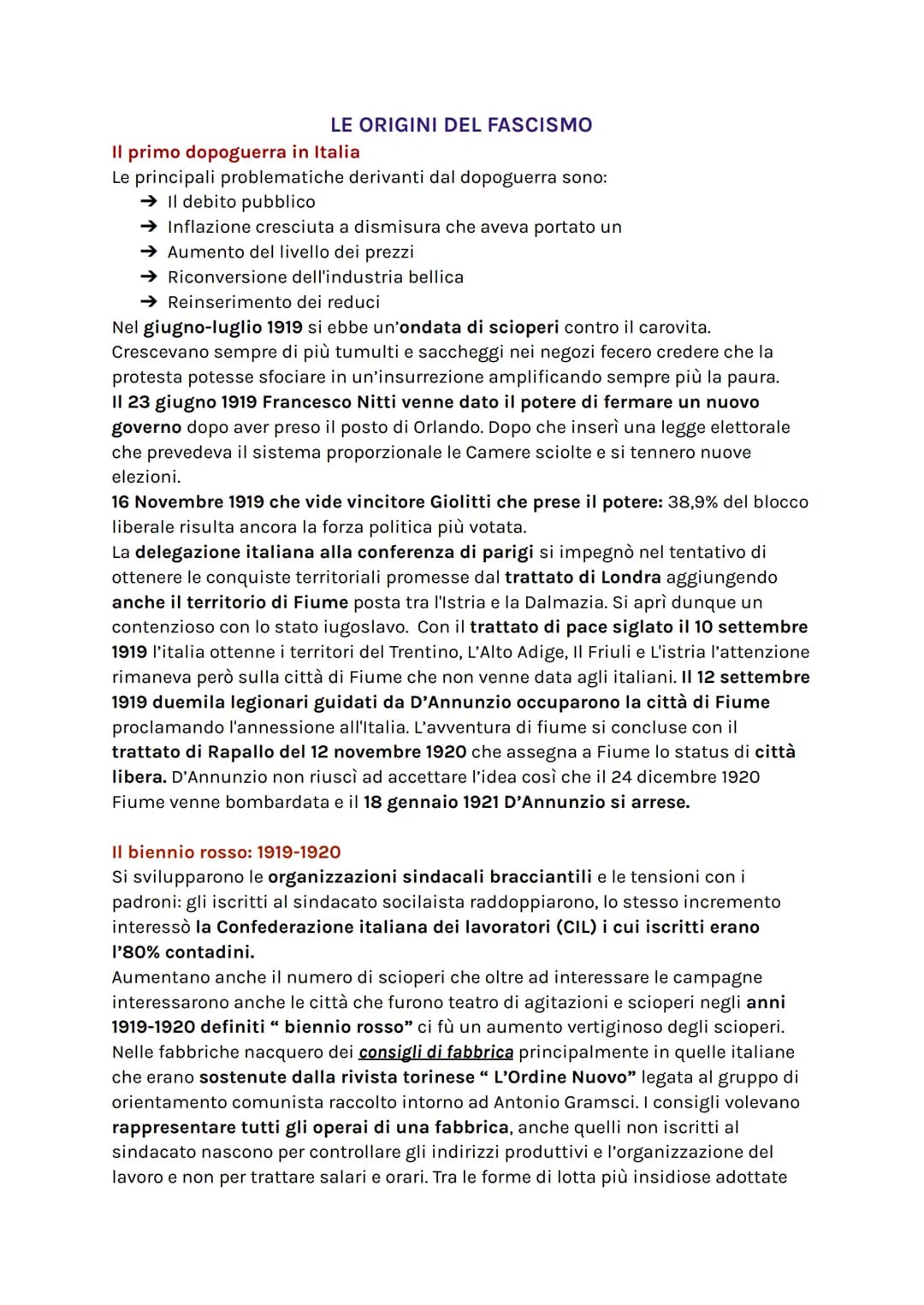 LE ORIGINI DEL FASCISMO
Il primo dopoguerra in Italia
Le principali problematiche derivanti dal dopoguerra sono:
→ Il debito pubblico
→ Infl