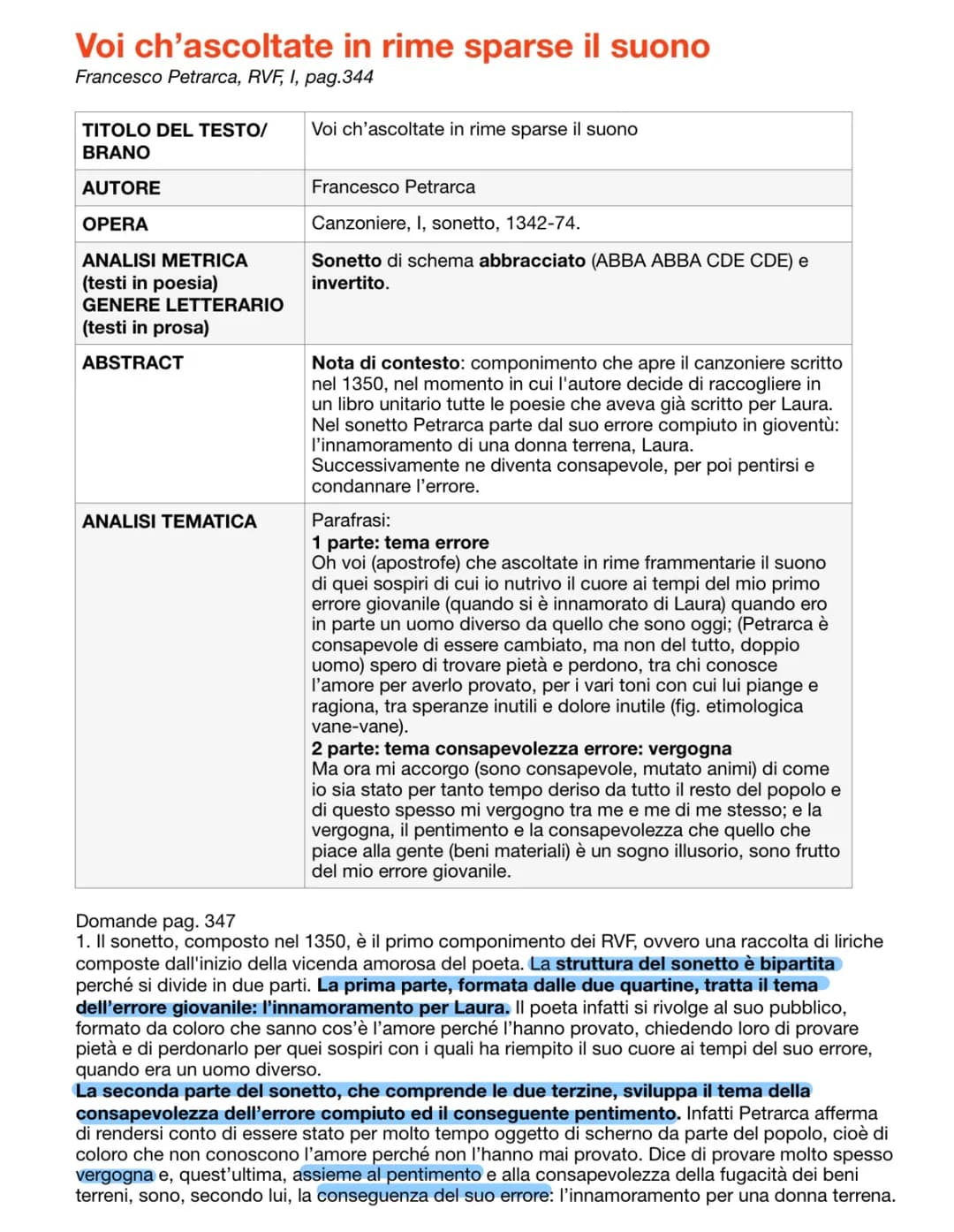 Voi ch'ascoltate in rime sparse il suono
Francesco Petrarca, RVF, I, pag.344
TITOLO DEL TESTO/
BRANO
AUTORE
OPERA
ANALISI METRICA
(testi in 