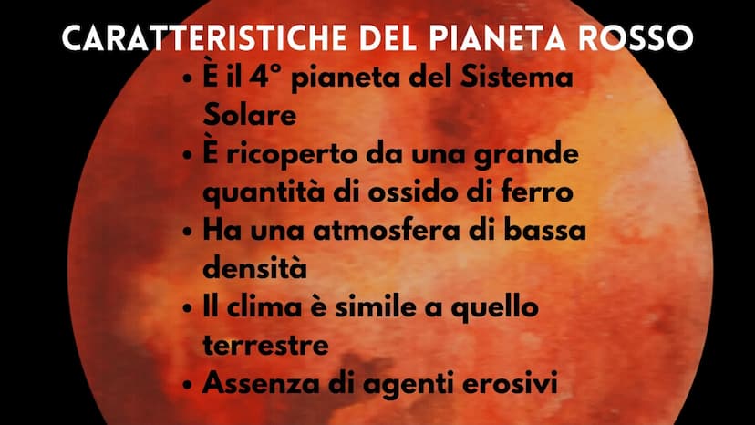 MARTE
IL PIANETA ROSSO CARATTERISTICHE DEL PIANETA ROSSO
• É il 4° pianeta del Sistema
Solare
È ricoperto da una grande
quantità di ossido d
