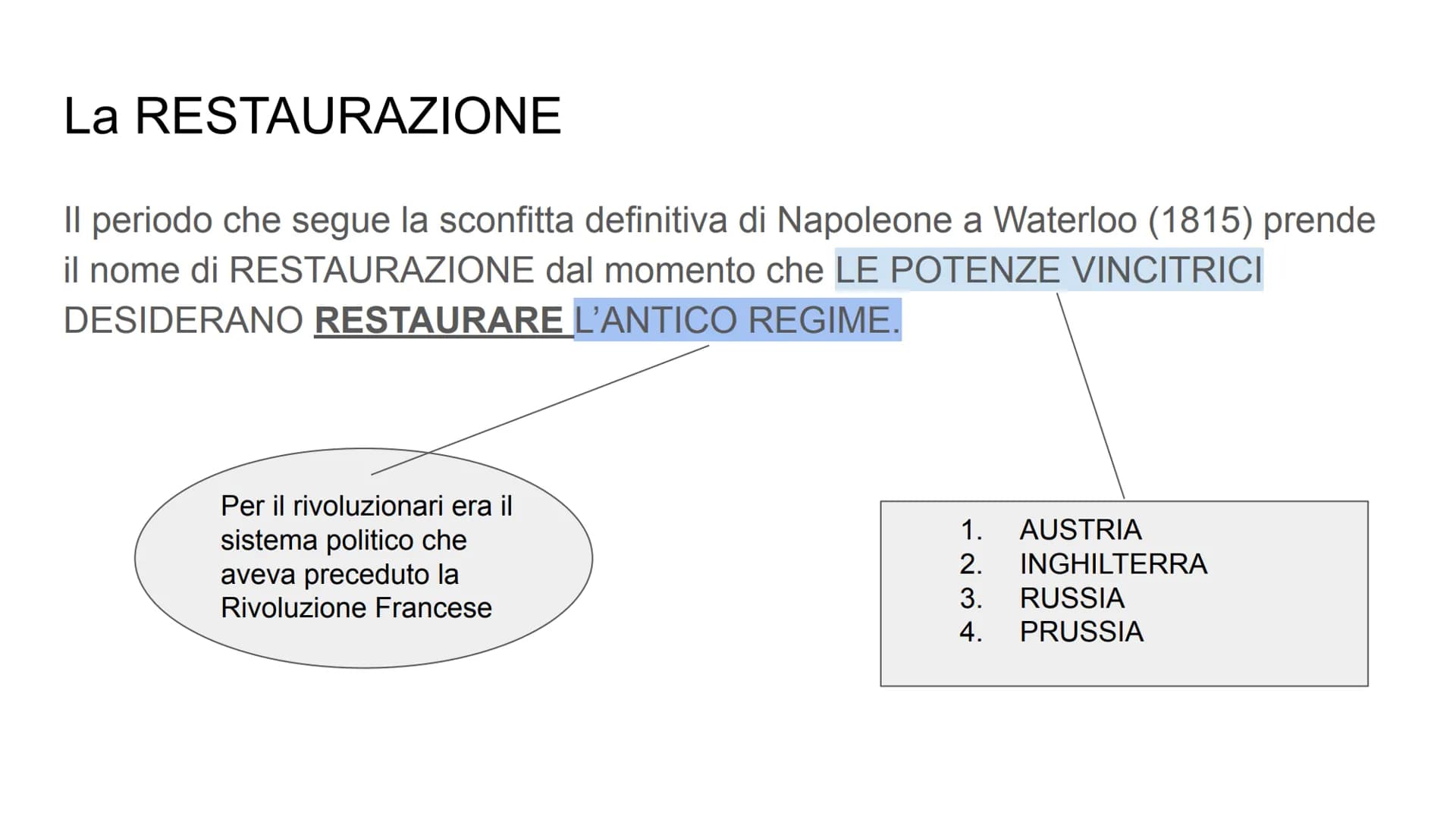 La Restaurazione
BAXE
Dopo la morte di Napoleone le potenze vincitrici si spartiscono il potere in
Europa.
FRANCE La RESTAURAZIONE
Il period