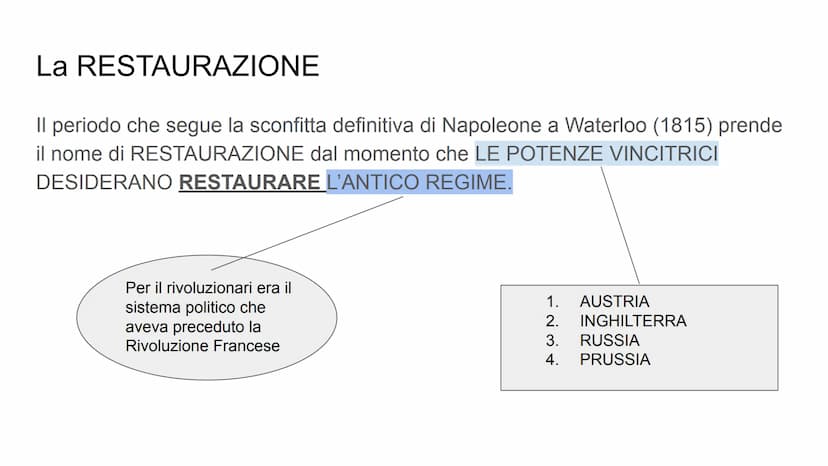 La Restaurazione
BAXE
Dopo la morte di Napoleone le potenze vincitrici si spartiscono il potere in
Europa.
FRANCE La RESTAURAZIONE
Il period