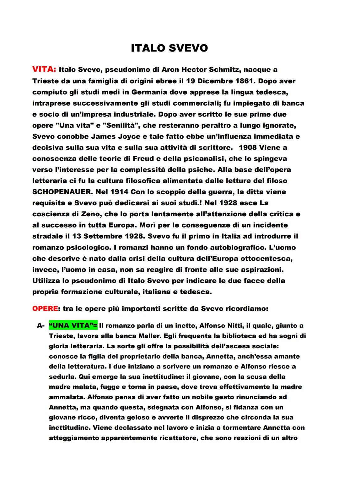 # ITALO SVEVO

VITA: Italo Svevo, pseudonimo di Aron Hector Schmitz, nacque a
Trieste da una famiglia di origini ebree il 19 Dicembre 1861. 