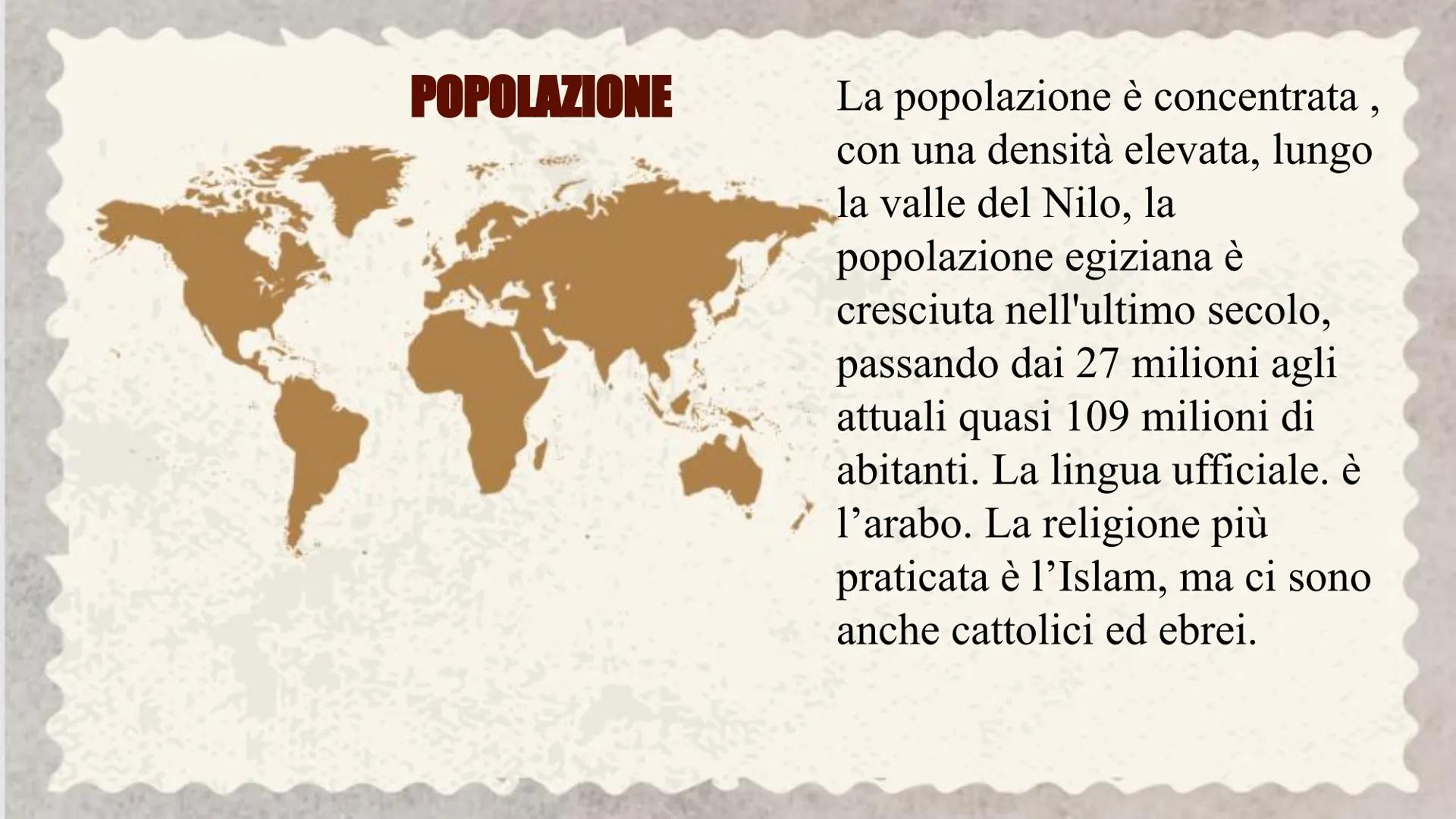 EGITTO # TERRITORIO

L'Egitto si trova nel nord-est dell'Africa e si
affaccia a nord sul Mar Mediterraneo, a est
confina con Israele, a oves