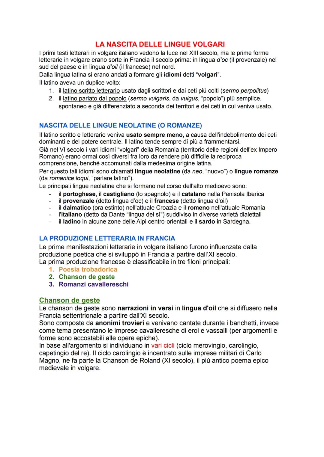 LA NASCITA DELLE LINGUE VOLGARI
I primi testi letterari in volgare italiano vedono la luce nel XIII secolo, ma le prime forme
letterarie in 