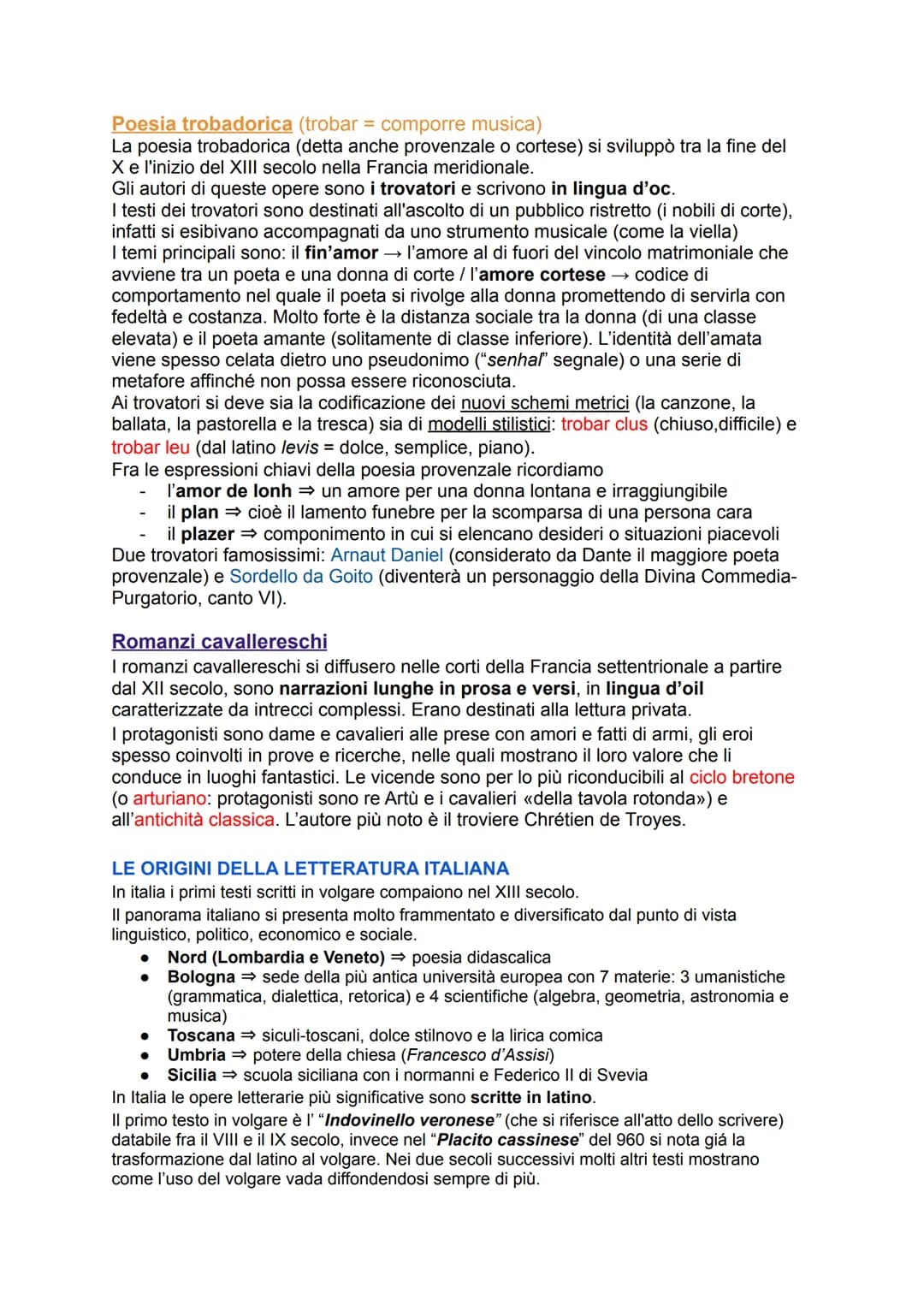 LA NASCITA DELLE LINGUE VOLGARI
I primi testi letterari in volgare italiano vedono la luce nel XIII secolo, ma le prime forme
letterarie in 