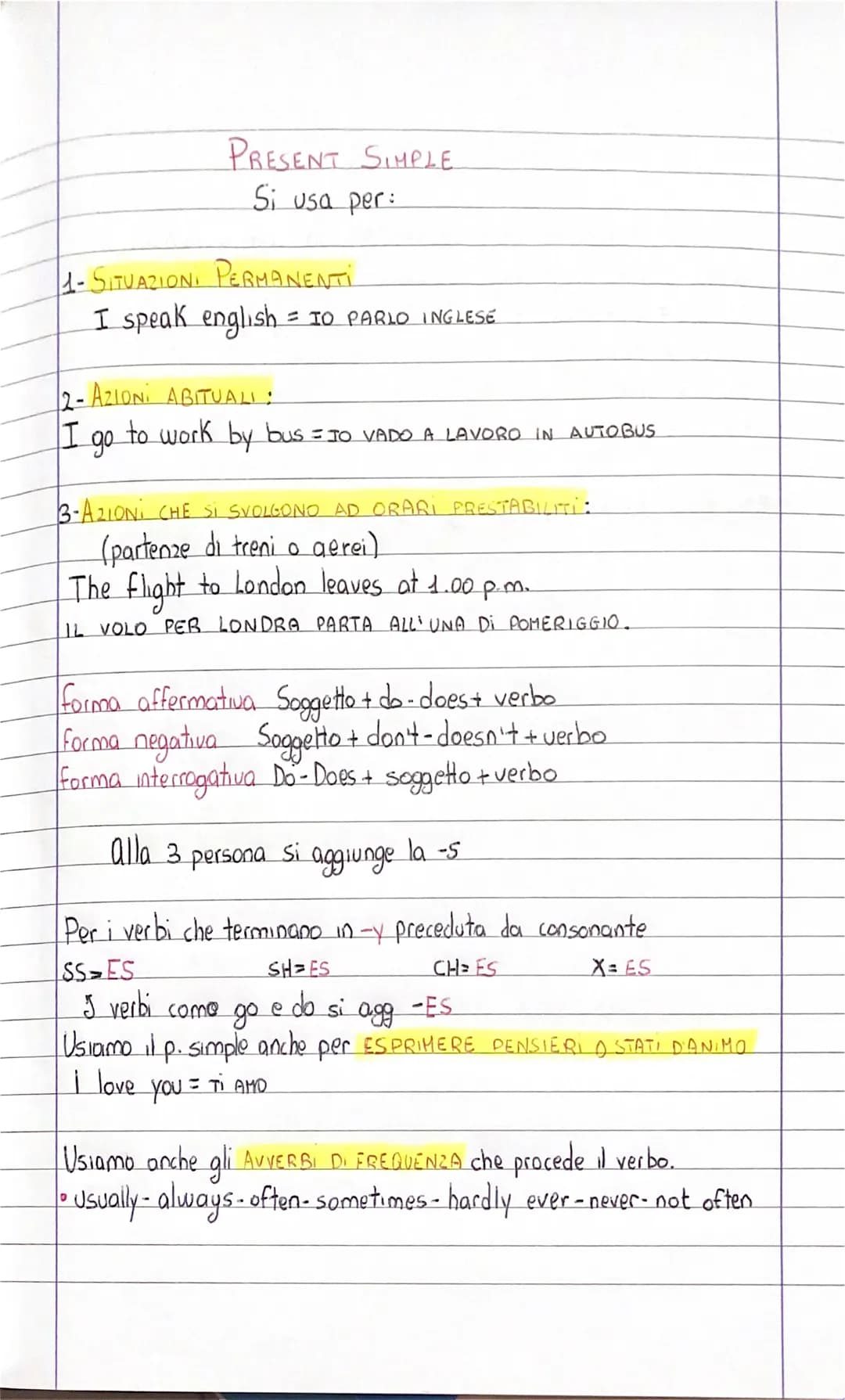 PRESENT SIMPLE.
Si usa per:
1- SITUAZIONI
PERMANENTI
I speak english = TO PARLO INGLESE
12- AZIONI ABITUALL:
I go to work by bus = TO VADO A