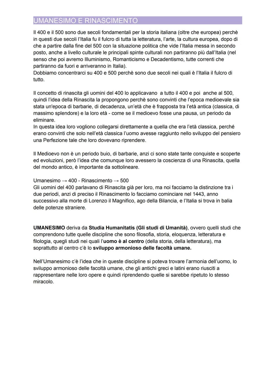 UMANESIMO E RINASCIMENTO
Il 400 e il 500 sono due secoli fondamentali per la storia italiana (oltre che europea) perchè
in questi due secoli