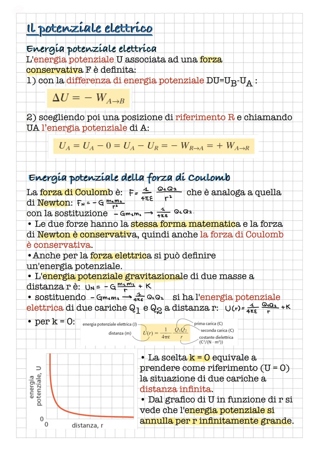 Il potenziale elettrico
Energia potenziale elettrica
L'energia potenziale U associata ad una forza
conservativa F è definita:
1) con la diff