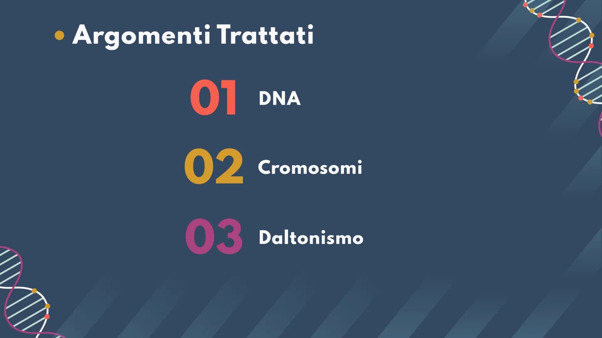 DNA,
Cromosomi e
Daltonismo
NKN
F • Argomenti Trattati
01 DNA
02 Cromosomi
03 Daltonismo IND
01
DNA
Com'è fatto? A cosa serve? II DNA
Il DNA
