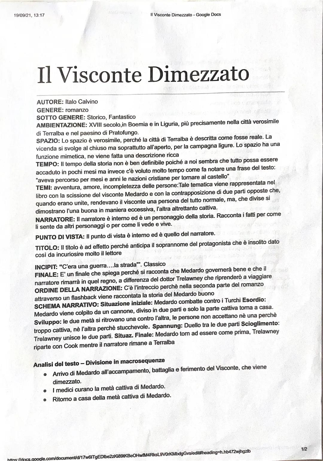 19/09/21, 13:17
Il Visconte Dimezzato - Google Docs
Il Visconte Dimezzato
AUTORE: Italo Calvino
GENERE: romanzo
SOTTO GENERE: Storico, Fanta
