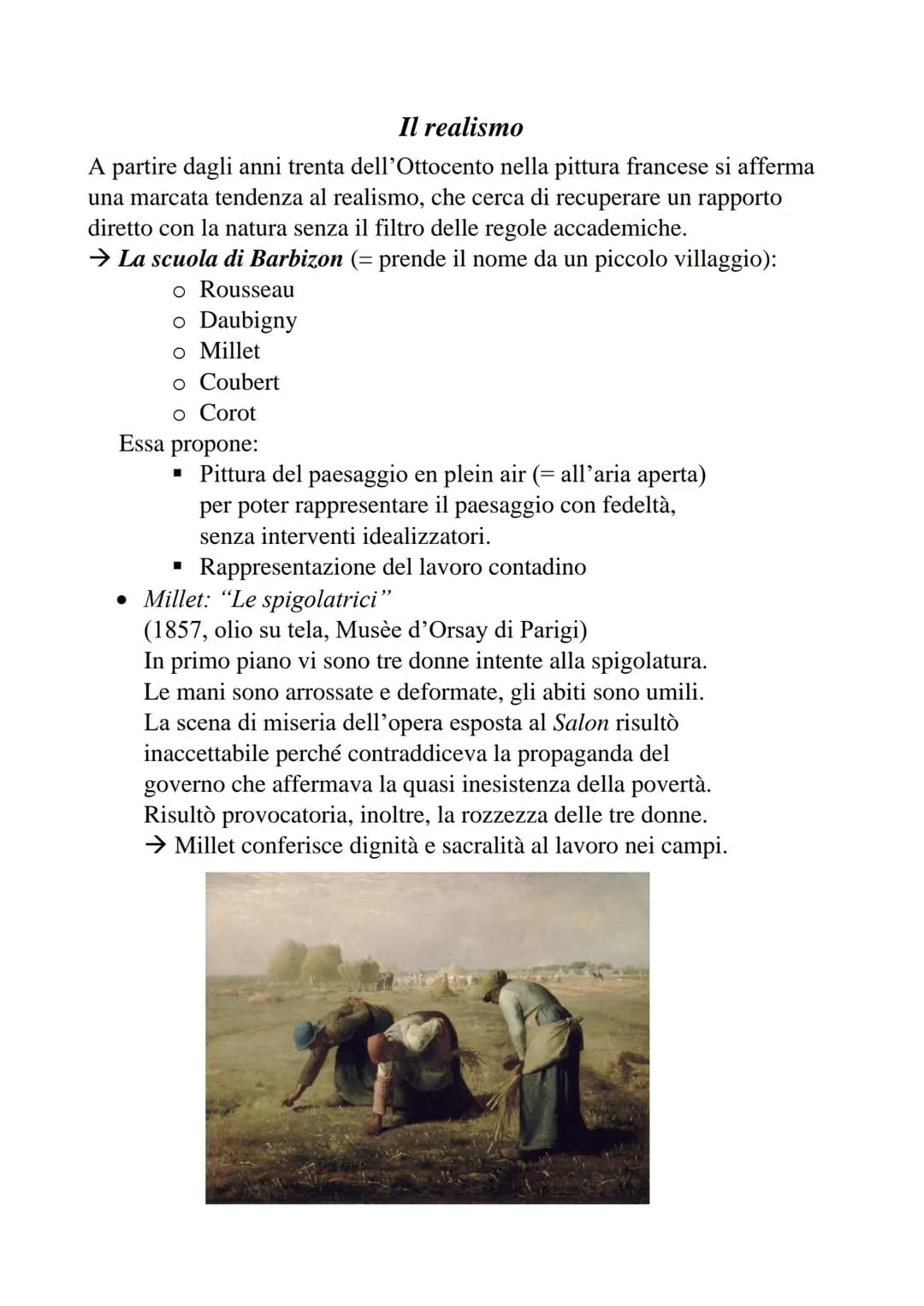 Il realismo
A partire dagli anni trenta dell'Ottocento nella pittura francese si afferma
una marcata tendenza al realismo, che cerca di recu