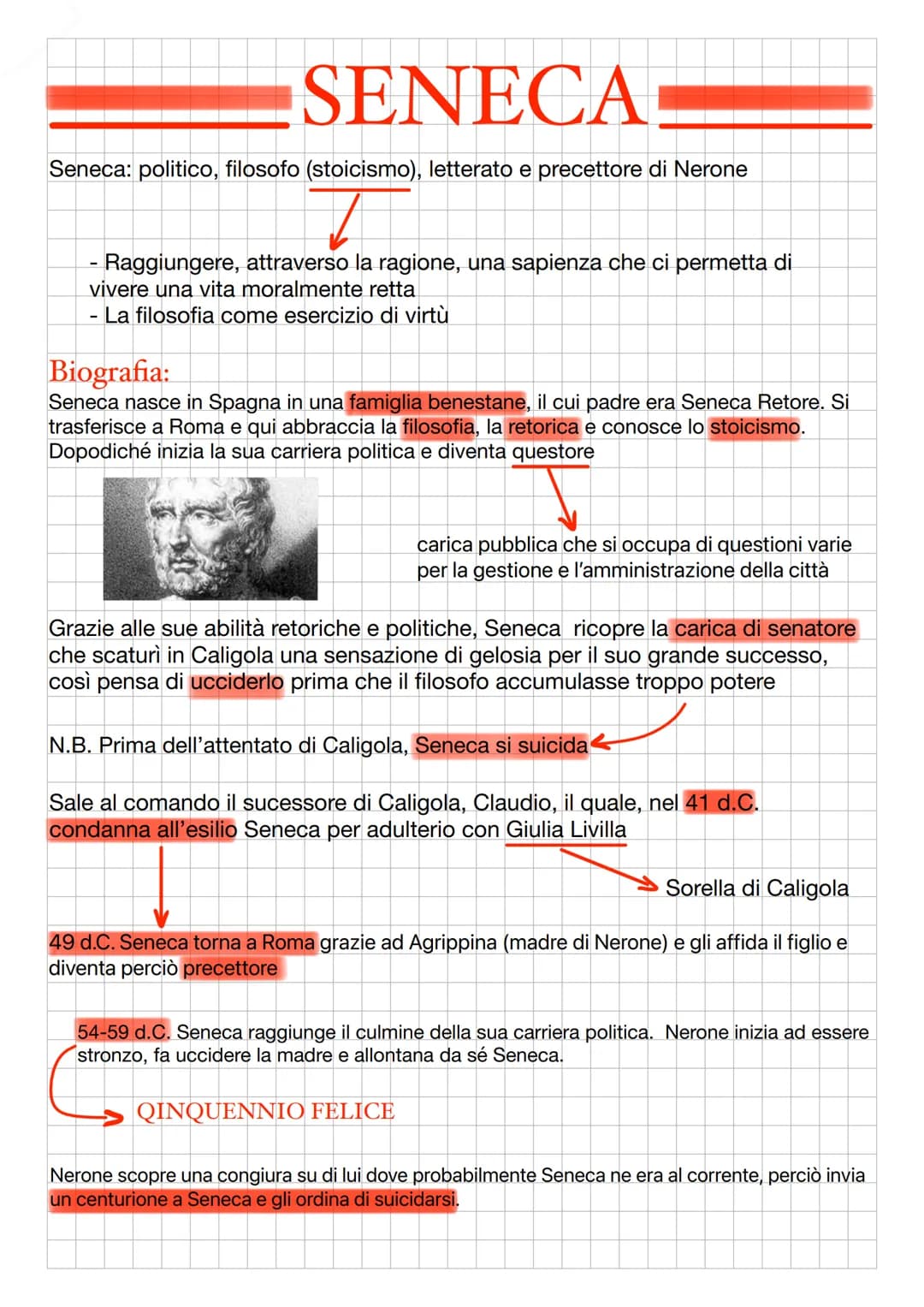 SENECA
Seneca: politico, filosofo (stoicismo), letterato e precettore di Nerone
- Raggiungere, attraverso la ragione, una sapienza che ci pe
