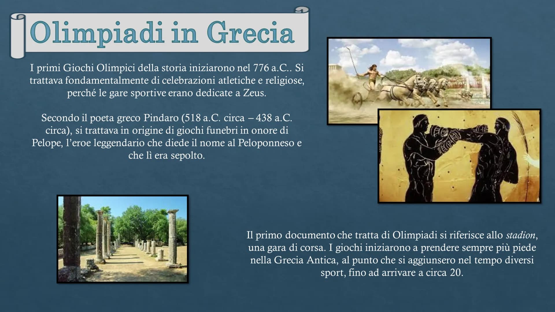 Antiche
OLIMPIADI
Moderne
Sara Oliva 3A
DOS Olimpiadi in Grecia
I primi Giochi Olimpici della storia iniziarono nel 776 a.C.. Si
trattava fo