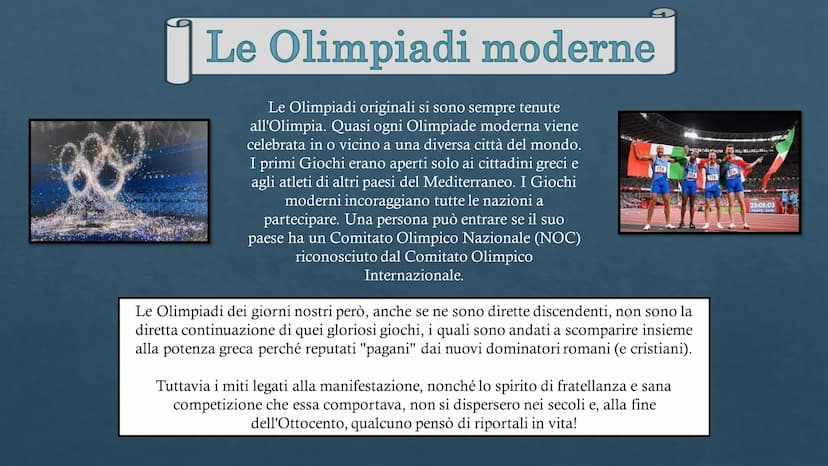 Antiche
OLIMPIADI
Moderne
Sara Oliva 3A
DOS Olimpiadi in Grecia
I primi Giochi Olimpici della storia iniziarono nel 776 a.C.. Si
trattava fo