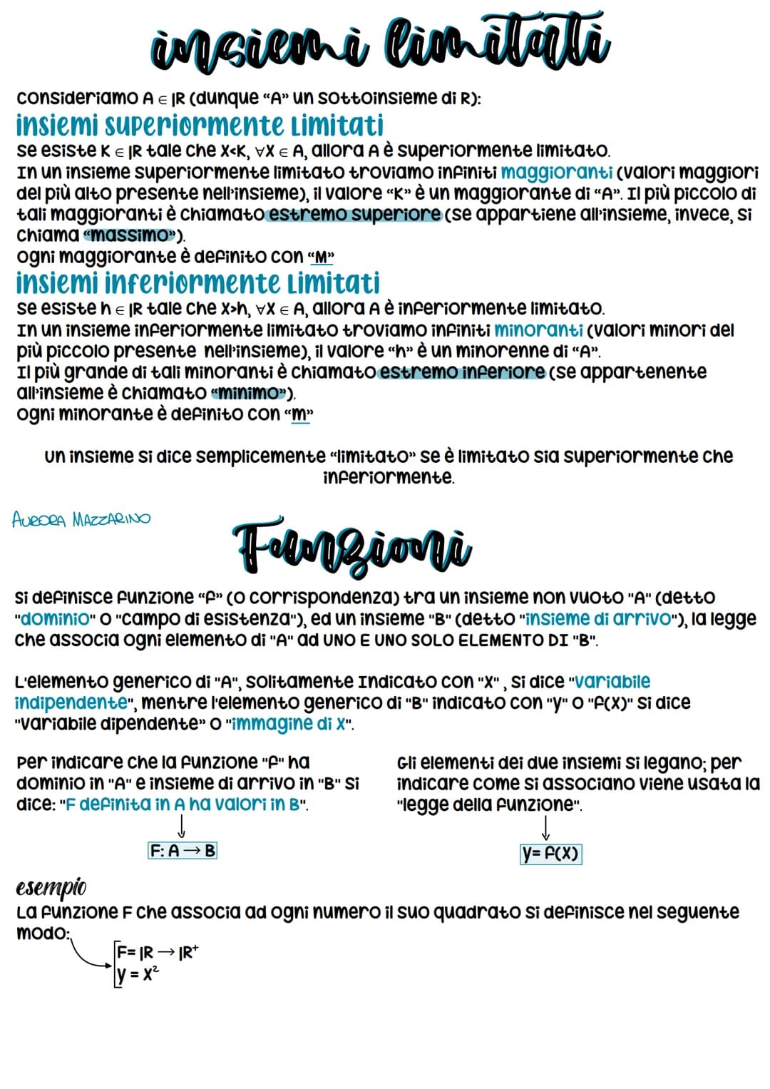 insiemi limitati
consideriamo A E IR (dunque "A" un sottoinsieme di R):
insiemi superiormente Limitati
se esiste K € IR tale che x<K, VX = A