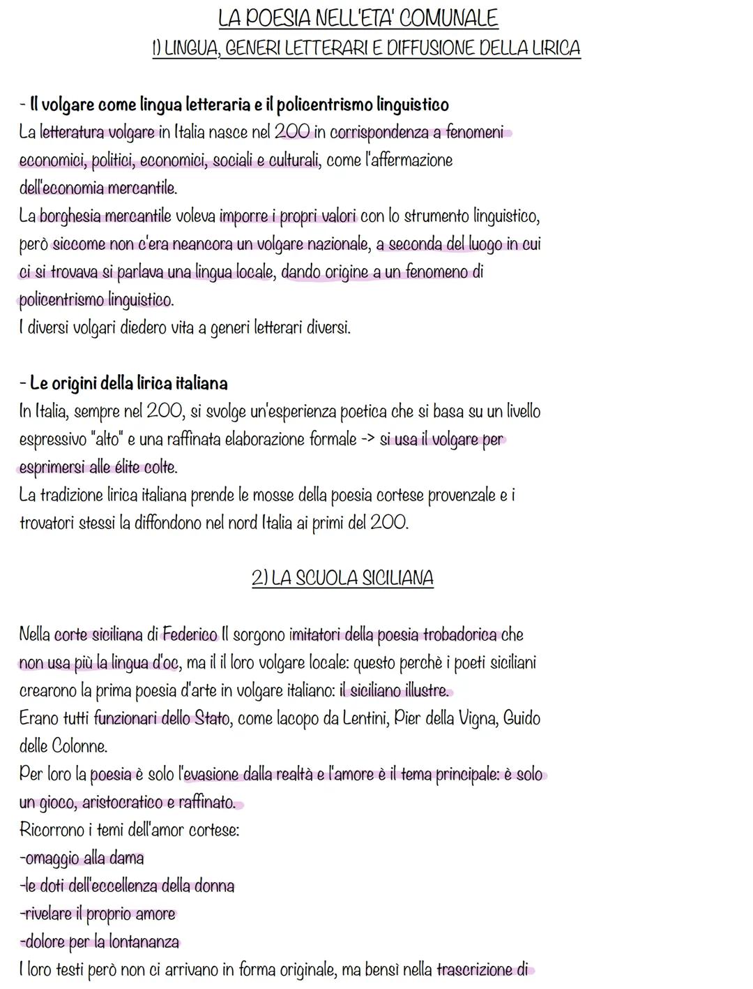 # LA POESIA NELL'ETA' COMUNALE
1) LINGUA, GENERI LETTERARI E DIFFUSIONE DELLA LIRICA

- Il volgare come lingua letteraria e il policentrismo