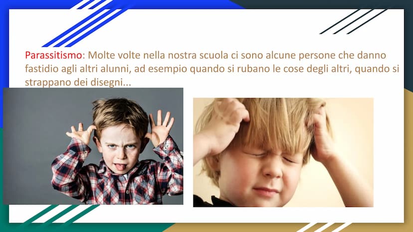Relazioni nella
comunità classe Parassitismo: Molte volte nella nostra scuola ci sono alcune persone che danno
fastidio agli altri alunni, a