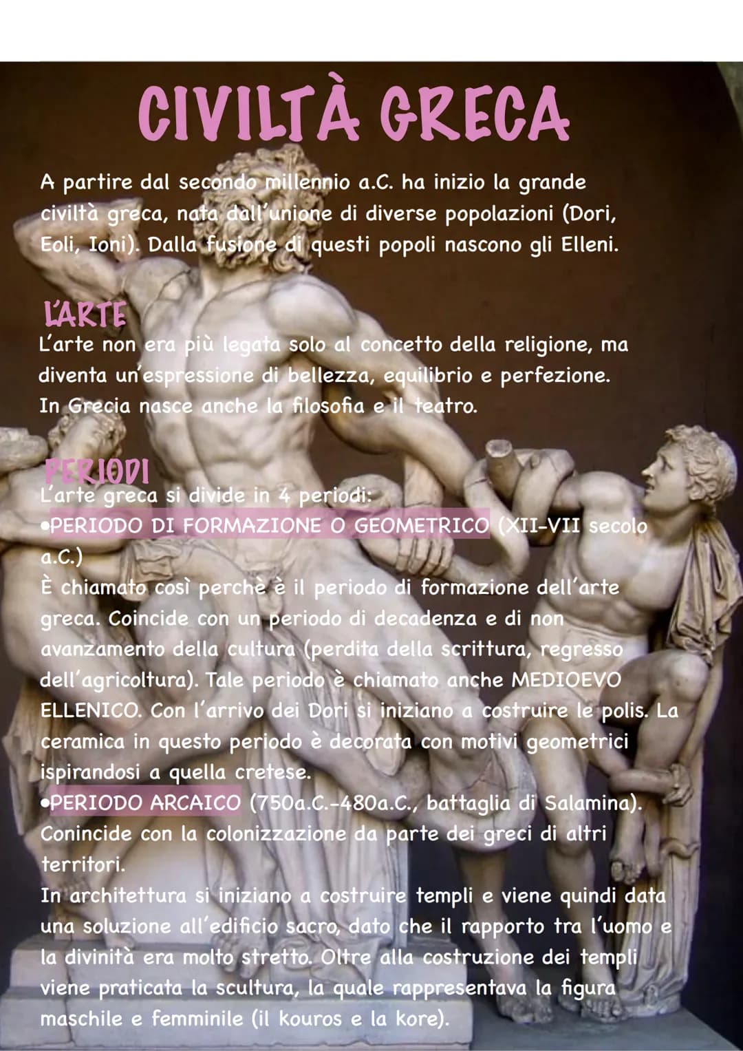 CIVILTÀ GRECA
A partire dal secondo millennio a.C. ha inizio la grande
civiltà greca, nata dall'unione di diverse popolazioni (Dori,
Eoli, I