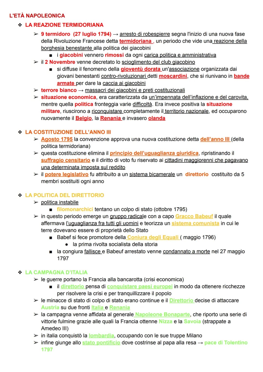 L'ETÀ NAPOLEONICA
→ LA REAZIONE TERMIDORIANA
➤ 9 termidoro (27 luglio 1794) arresto di robespierre segna l'inizio di una nuova fase
della Ri