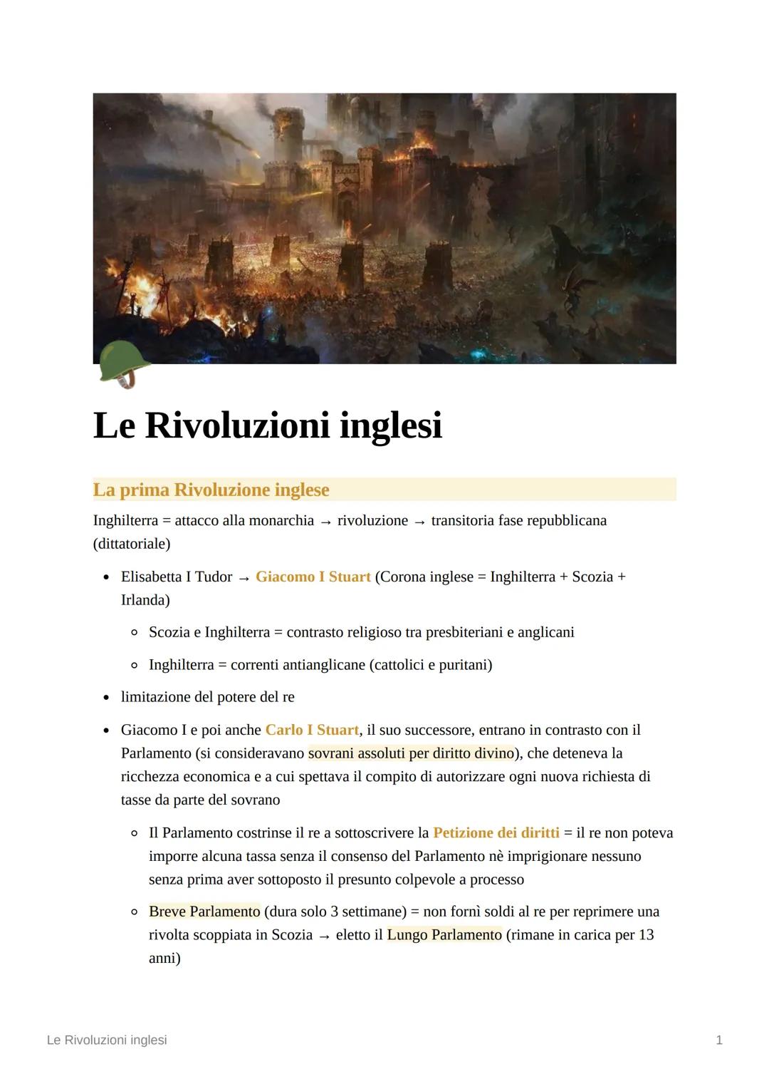 # Le Rivoluzioni inglesi

## La prima Rivoluzione inglese

Inghilterra = attacco alla monarchia $\rightarrow$ rivoluzione $\rightarrow$ tran