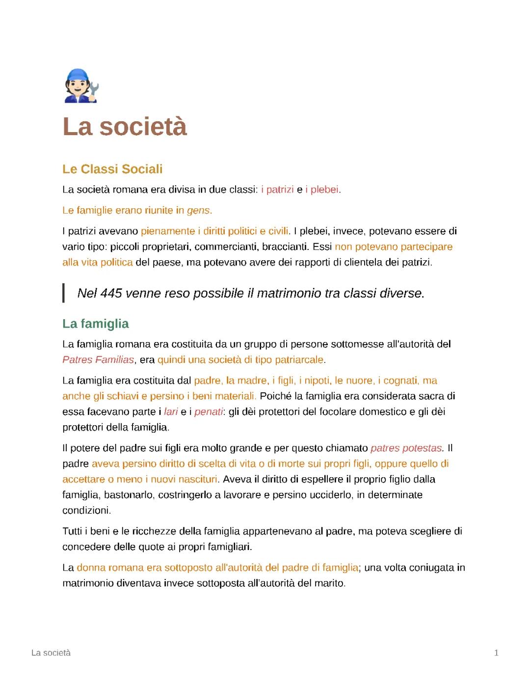 Scopri le Classi Sociali e il Matrimonio nell'Antica Roma: Schema e Riassunti per la Scuola