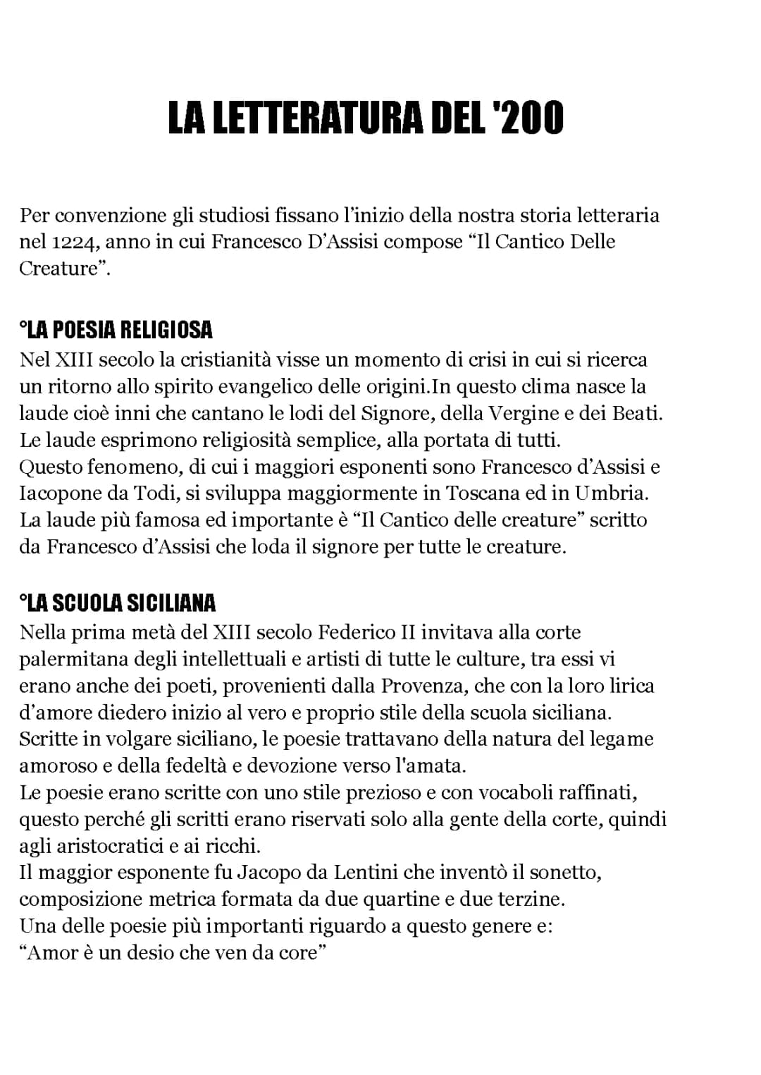 La Letteratura Italiana del Duecento - Schema e Sintesi