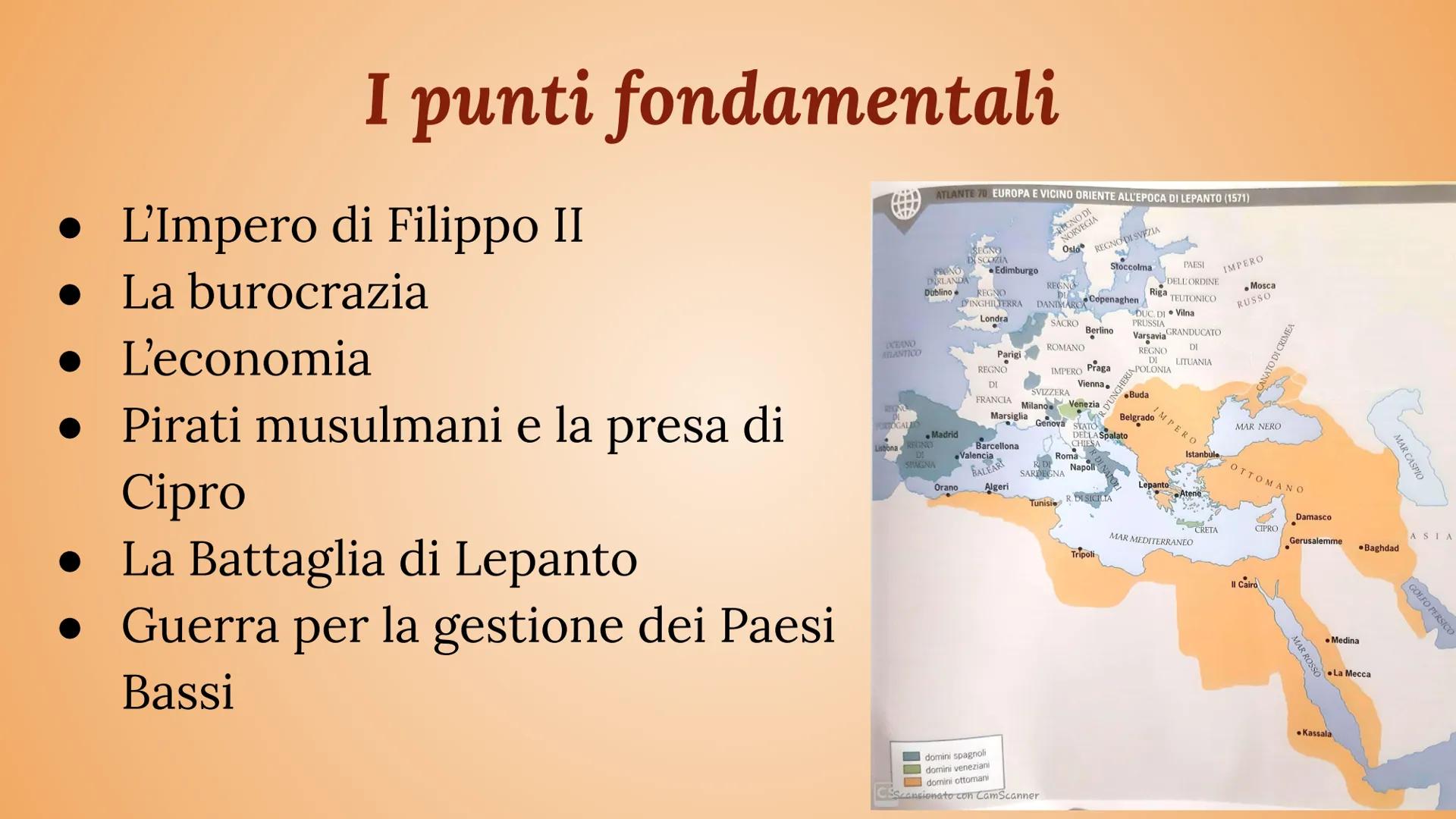la Spagna
di
Filippo II
märtser
INA I punti fondamentali
• L'Impero di Filippo II
● La burocrazia
. L'economia
● Pirati musulmani e la presa