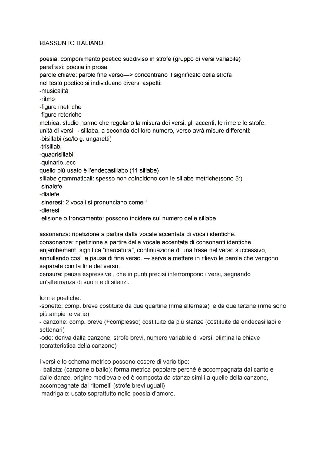 RIASSUNTO ITALIANO:
poesia: componimento poetico suddiviso in strofe (gruppo di versi variabile)
parafrasi: poesia in prosa
parole chiave: p