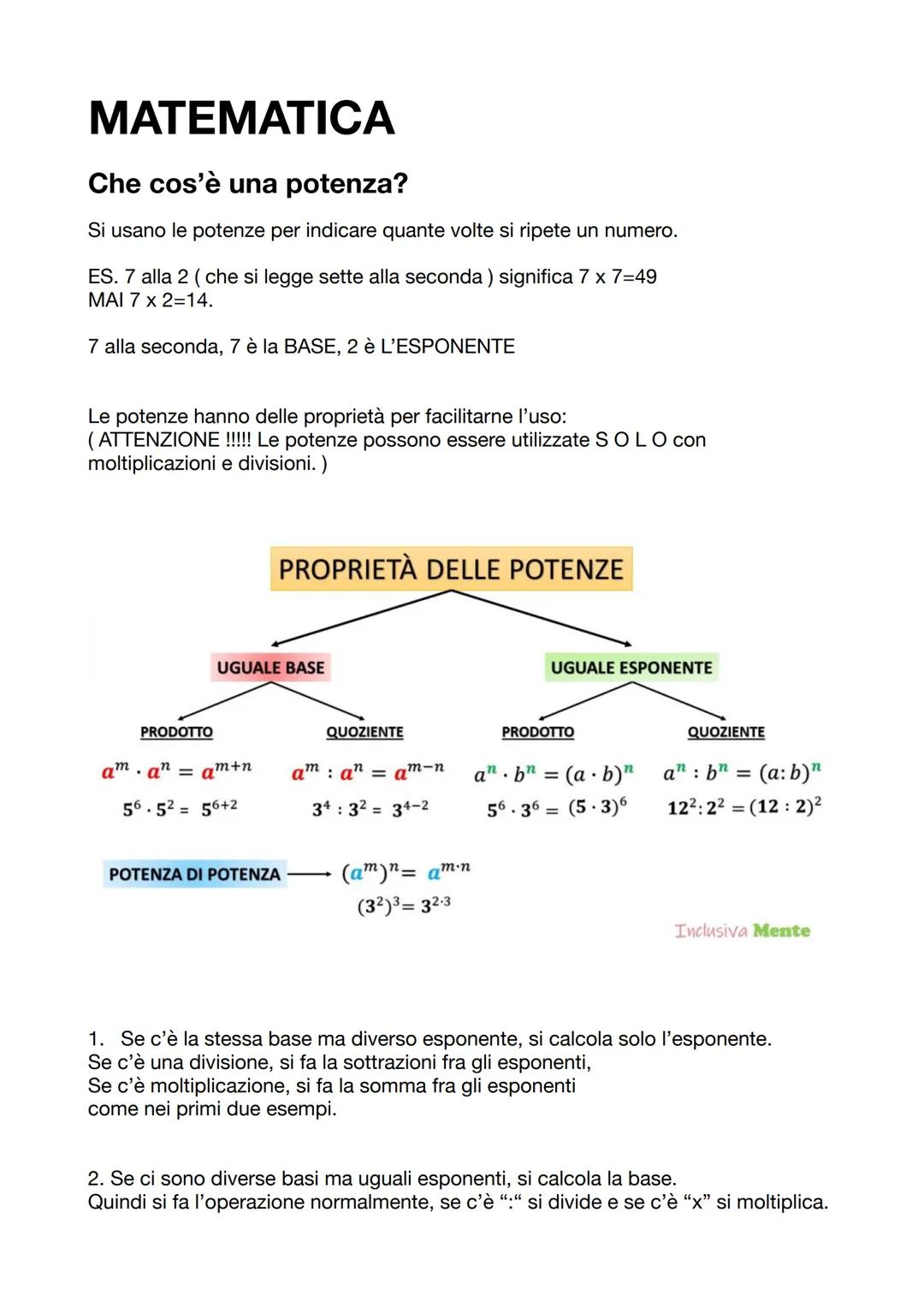 MATEMATICA
Che cos'è una potenza?
Si usano le potenze per indicare quante volte si ripete un numero.
ES. 7 alla 2 (che si legge sette alla s